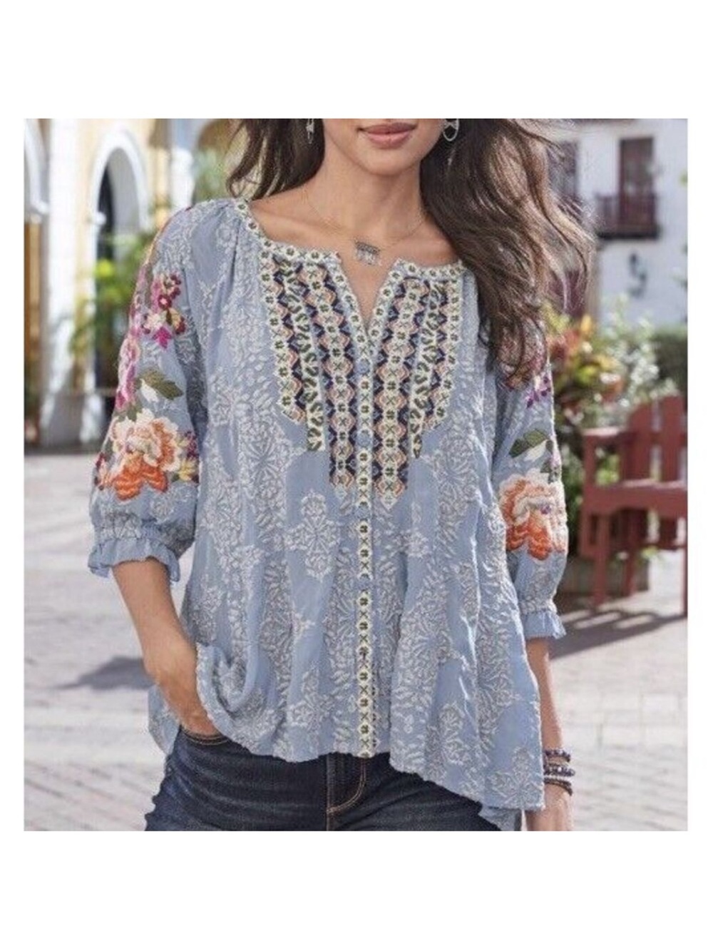 SUNDANCE CATALOG Ballet Melody Embroidered Blouse Size Large Floral Boho Hippie